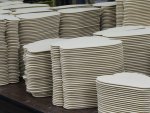 Stacks of midsoles waiting for their Bear Feet logo to be stamped